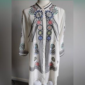 Biya Johnny Was 100% Silk Embroidered White Tunic Shirt